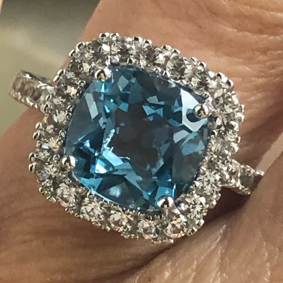 Blue topaz 4.66 carat diamond pave cocktail ring - gorgeous- size 7.25 -sterling - Picture 5 of 6